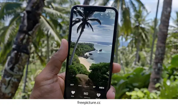 Hand Holding a Smartphone with a Picture of a Beach