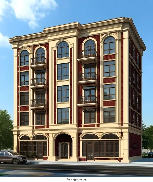 Classic Architecture Building Facade With Red Brick And White Trim