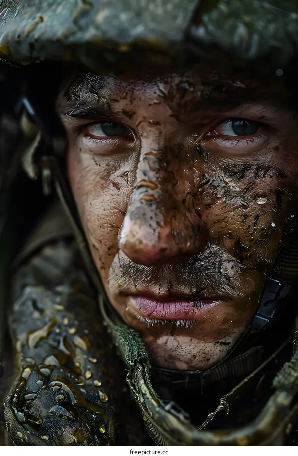 Portrait of a soldier with mud on his face