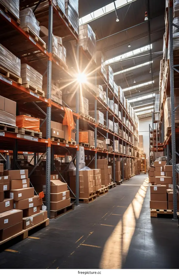 Warehouse with tall shelves full of cardboard boxes
