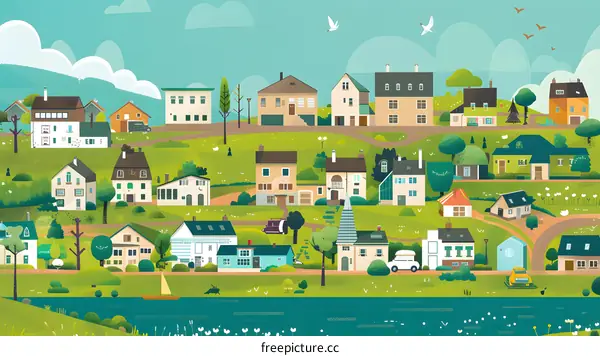Cartoon Illustration of a Small Town with Houses, Trees, and a River