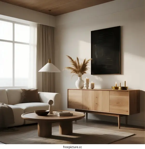 Minimalist Living Room with Wooden Furniture and Natural Light