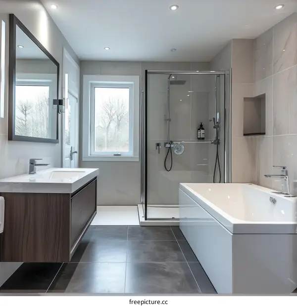 Ensuite bathroom with large corner shower and freestanding bathtub