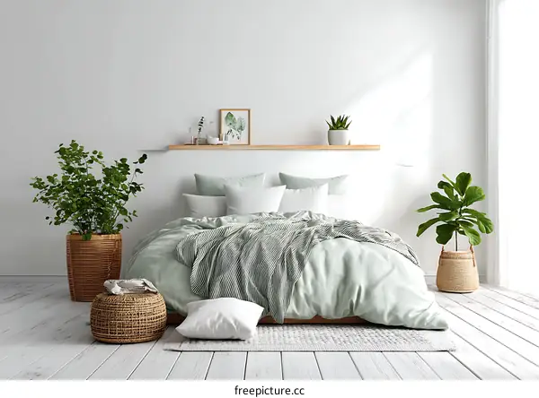 Modern Minimalist Bedroom with Sage Green Bedding