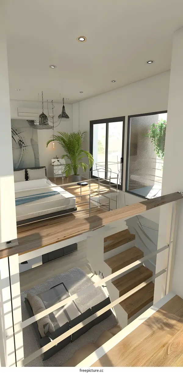 Modern Minimalist Loft Apartment Interior Design with Wooden Stairs and Balcony
