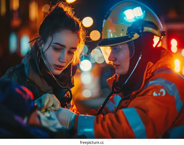 Two female paramedics checking a patient's vital signs