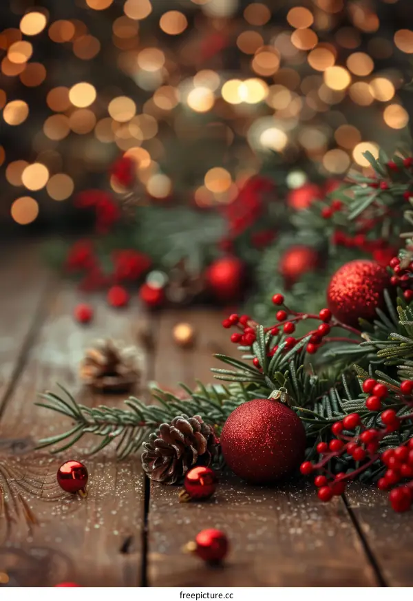 Christmas Decorations with Red Ornaments and Pine Cones on Wood