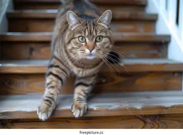 A cute tabby cat is walking down a wooden staircase