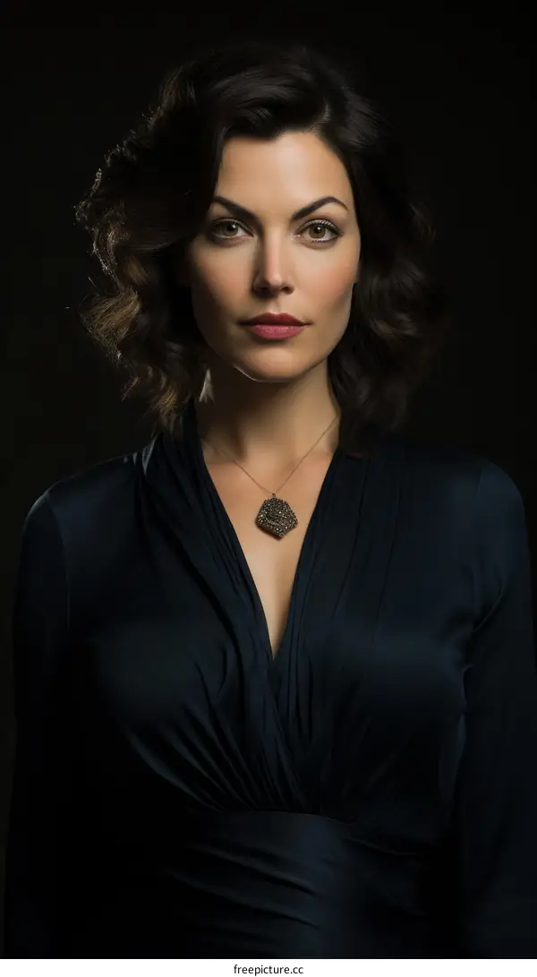 Portrait of a Beautiful Brunette Woman in Blue Dress and Necklace