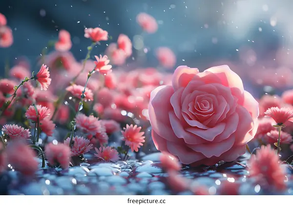 Pink rose in a field of flowers