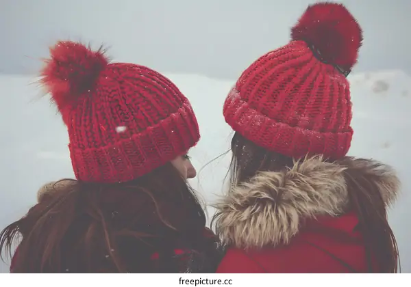 Two Women Wearing Red Knit Hats With Pom Poms In The Snow