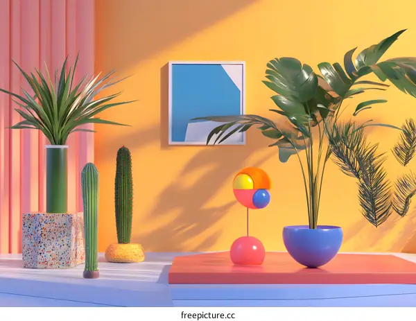 Abstract Interior Design with Plants and Geometric Shapes