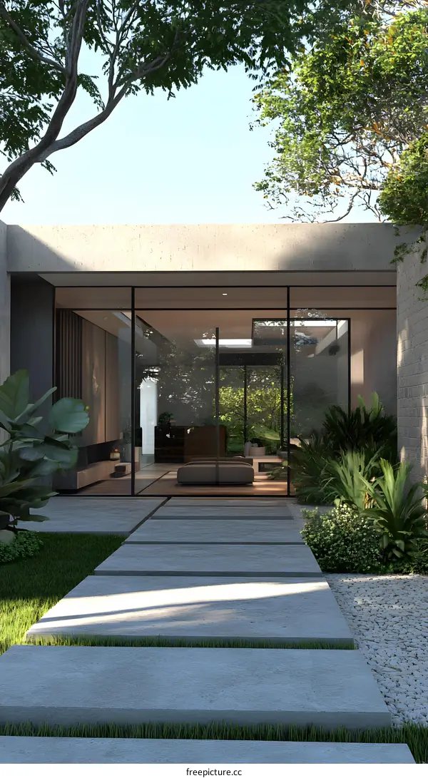 Modern House with Glass Walls and Stone Pathway