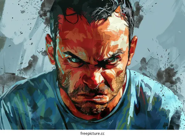 Portrait of an intense man with a beard and a blue shirt