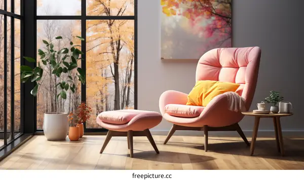 Pink Armchair in a Bright Living Room with Large Window