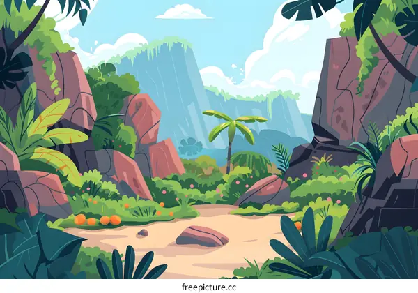 Tropical Rainforest Jungle Landscape with Palm Trees and Mountains