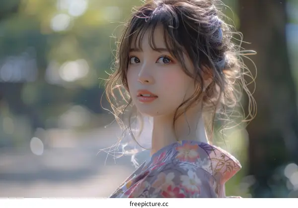 Young Japanese Woman in a Kimono Looking over Her Shoulder