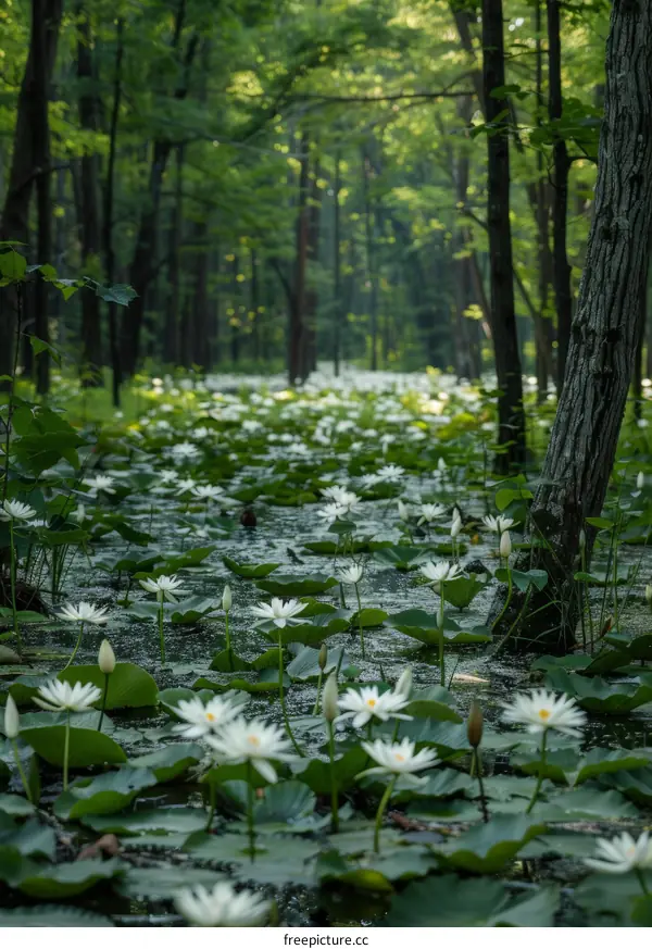 Mystical journey through a lush green water lily forest
