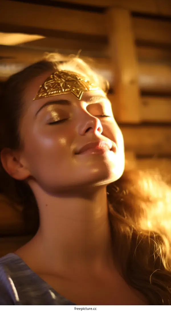Young woman with golden headpiece smiling with eyes closed