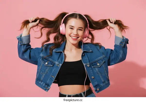 Happy Young Woman Wearing Pink Headphones and Denim Jacket