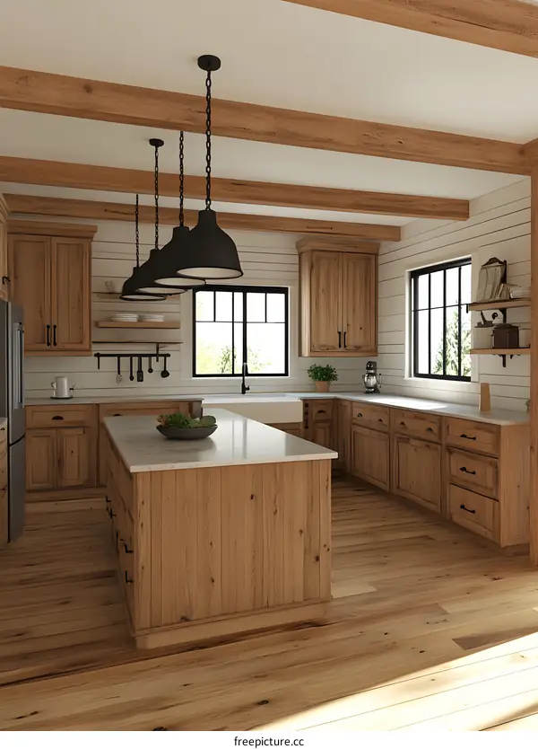 Rustic Kitchen Island with Wood Beams and Pendant Lights