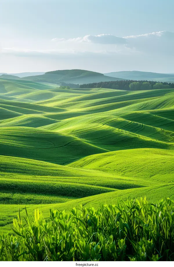 Green Rolling Hills of Wheat Field with Blue Sky and Clouds