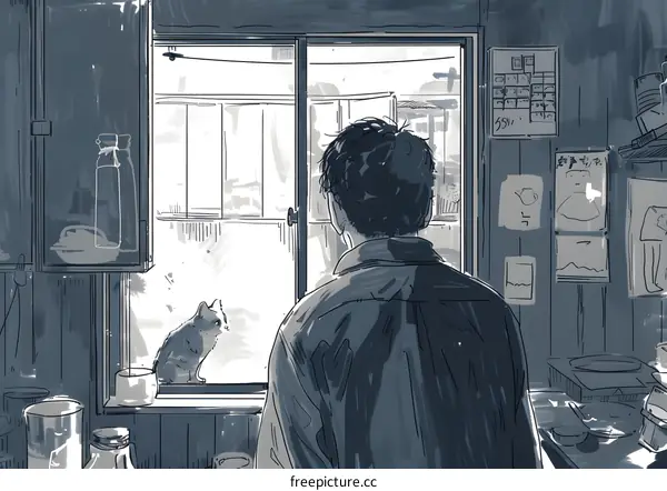 Man Looking at Cat Through Window in Kitchen