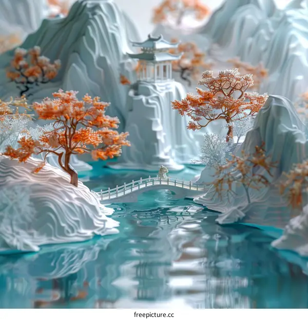 Tranquil Chinese Miniature Landscape Garden with Bridge and Pavilion