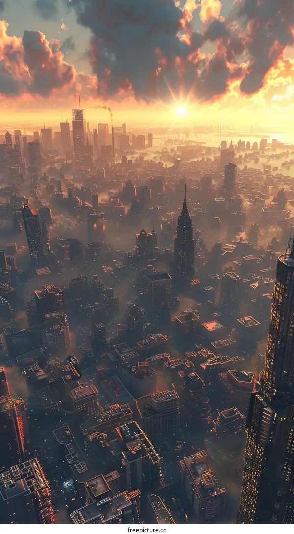 A modern metropolis with skyscrapers reaching towards the sky