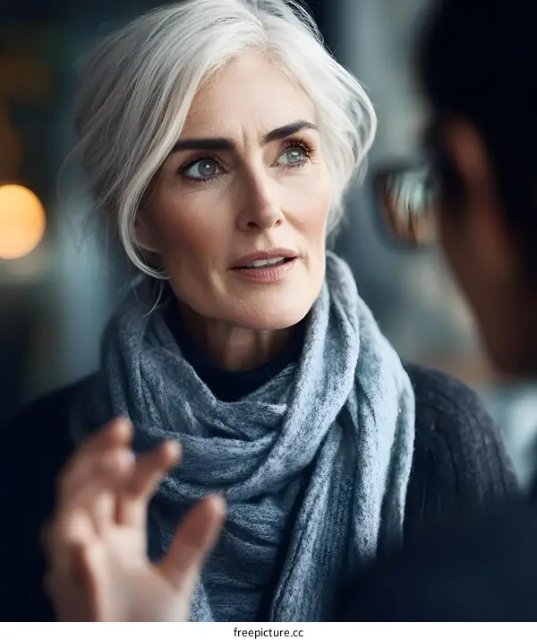 Close up Portrait of Senior Woman Wearing a Gray Scarf