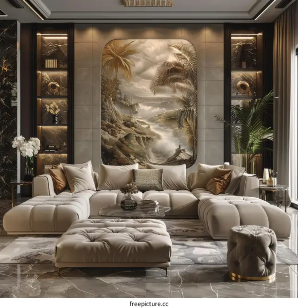 Contemporary Living Room Interior Decor with Grand Palm Tree Murals