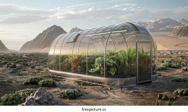 glass greenhouse in the middle of the desert