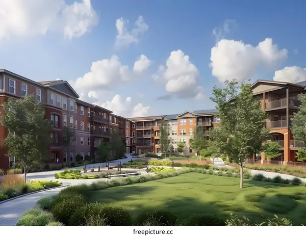 Apartment Complex with Green Grass and Trees