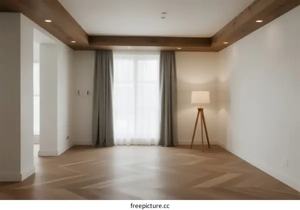Spacious and bright empty room with herringbone floor and large window