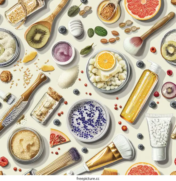 Beauty and skincare products and ingredients seamless pattern