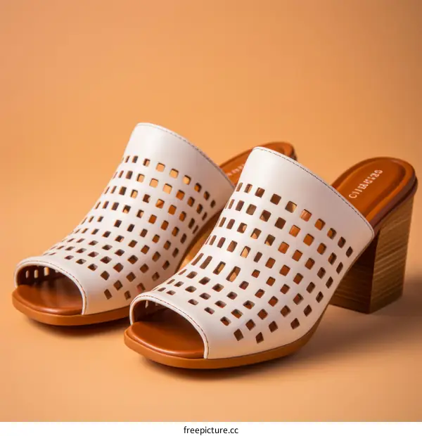 White leather peep toe mules with geometric cutouts and brown block heel