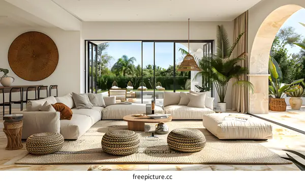 Modern Living Room Design with White Sofa and Wicker Accents