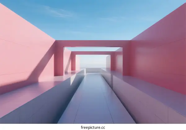 Minimalist Pink Architecture with Long Reflective Pool Under Clear Sky
