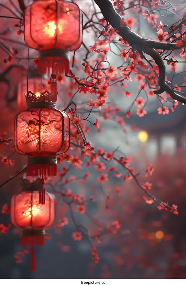 Red lanterns and cherry blossoms