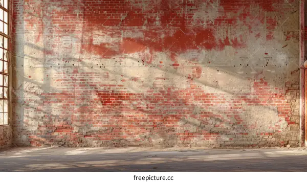 Red brick wall texture background with sunlight shining through large windows