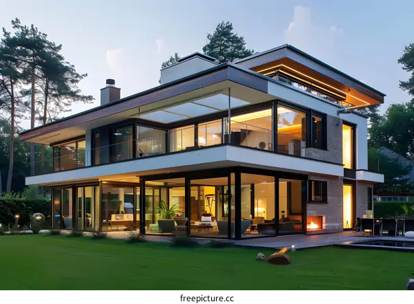 Modern House with Large Windows and Green Lawn