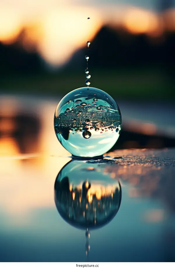 Water Drop Splashing on a Glass Ball Creating a Ripple Effect with a Sunset in the Background