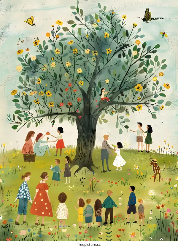 Children Gather Around a Large Tree in a Field