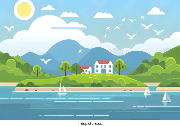 Summer Landscape with House and Sailing Boats