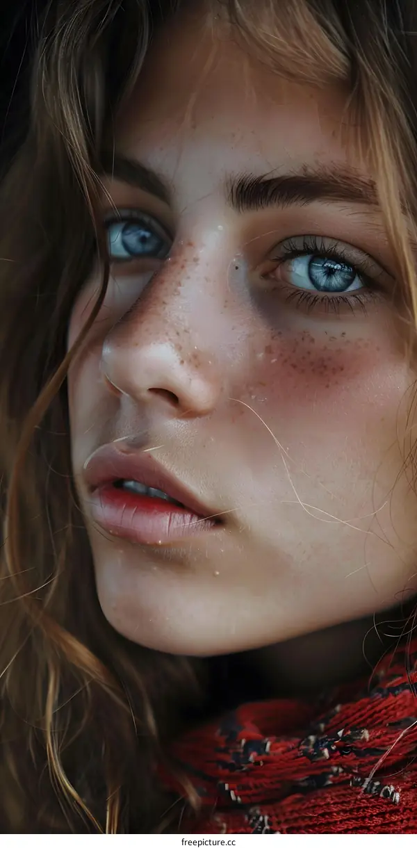 Close Up Portrait of a Woman with Blue Eyes and Freckles