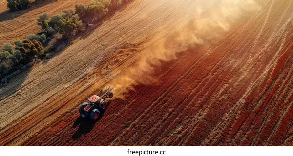 Red Tractor Spraying Toxic Pesticides on a Sprawling Farm Field