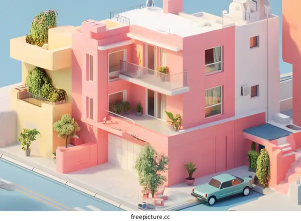 Pink and Yellow Buildings with Balcony and Car in 3D Style