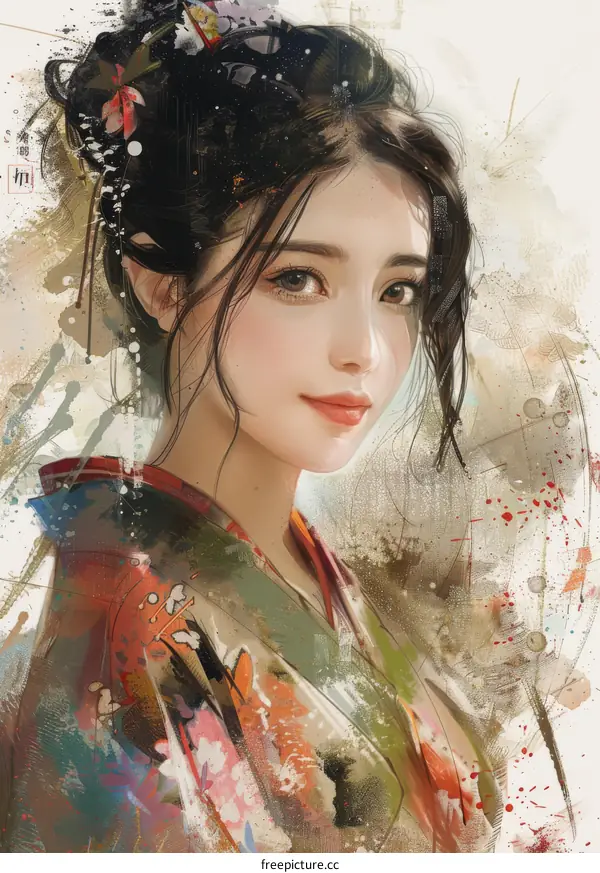 An Asian woman in a kimono with a butterfly hairpin and red blush on her cheeks