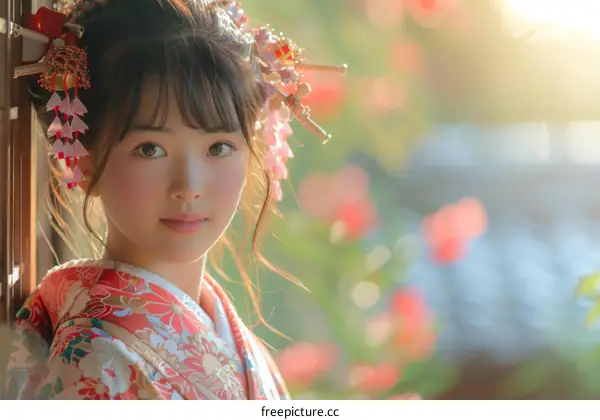 Portrait of a young woman in a kimono