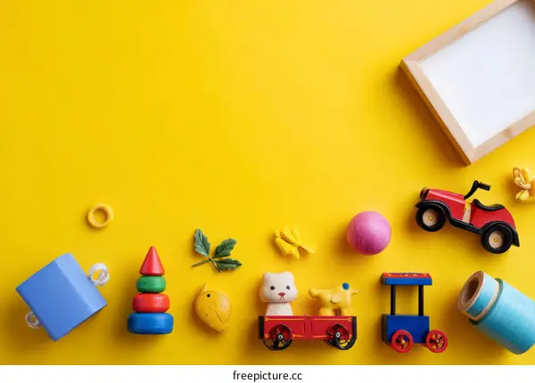 Colorful Wooden Toys on Yellow Background